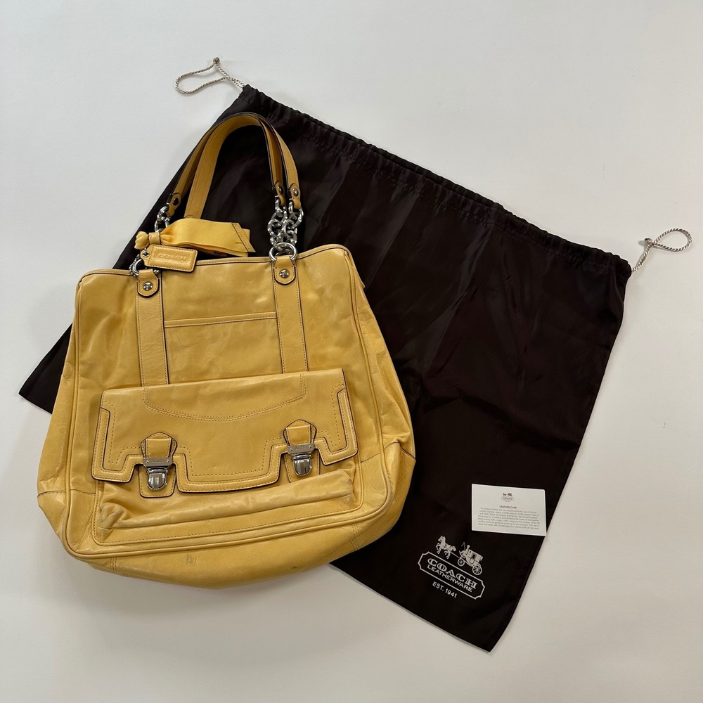Coach Yellow Leather Tote Bag Silver Chain Strap Front Pocket Flap Closure - Picture 4 of 8
